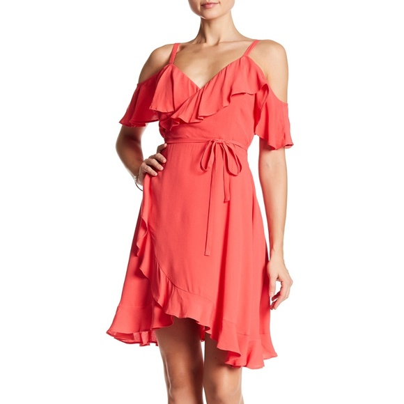 cupcakes & cashmere Dresses & Skirts - Cupcakes Cashmere Coral Ruffle Wrap Dress NWT